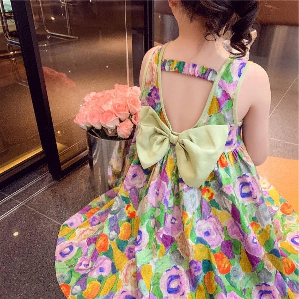 Girls summer dress- Green bow