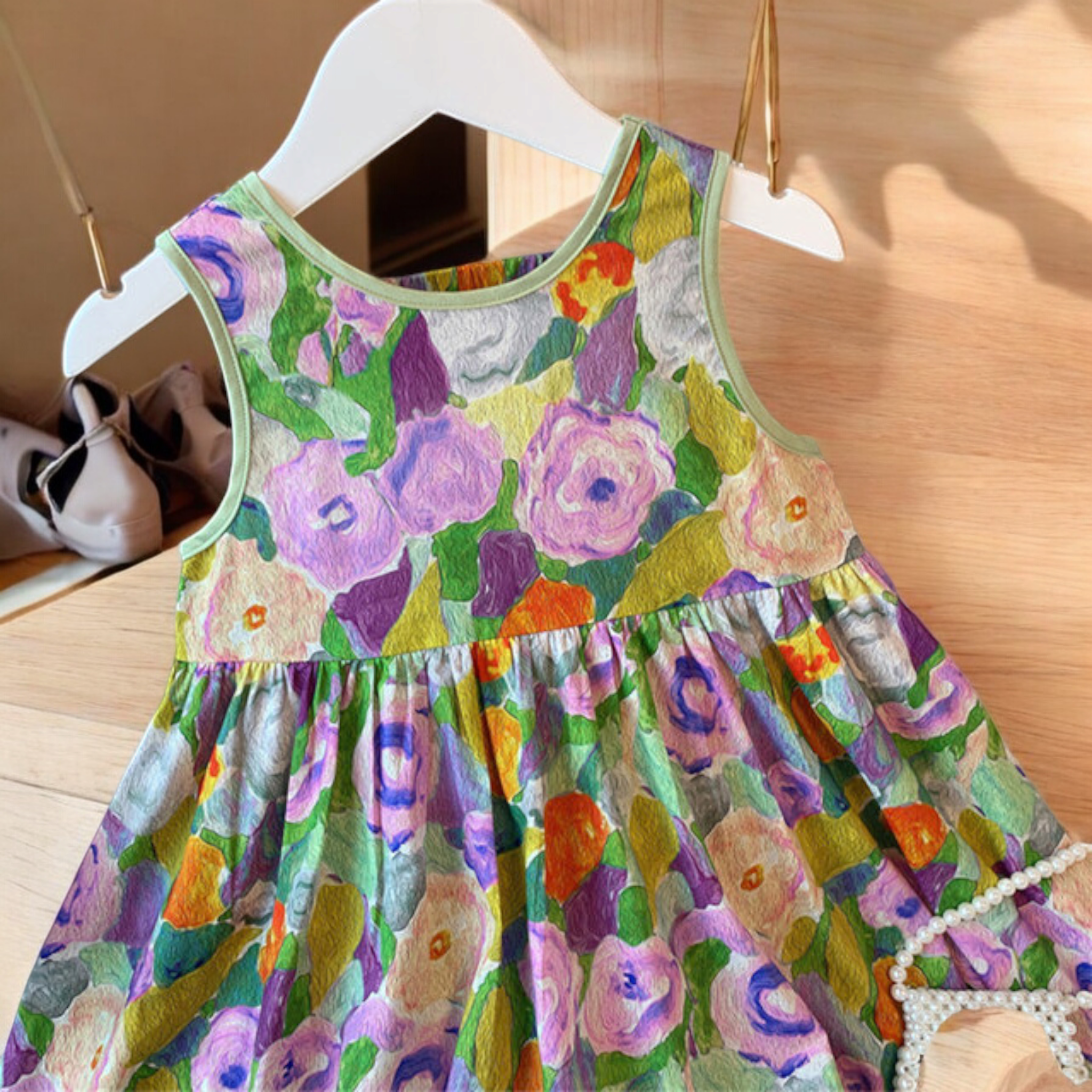 Girls summer dress- Green bow