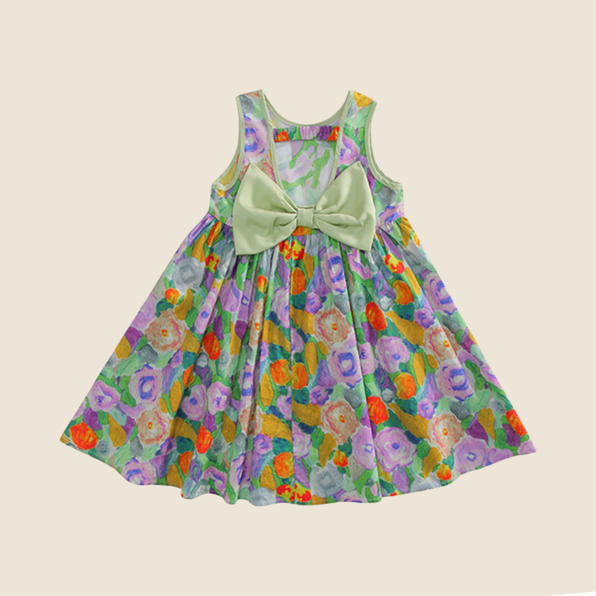 Girls summer dress- Green bow